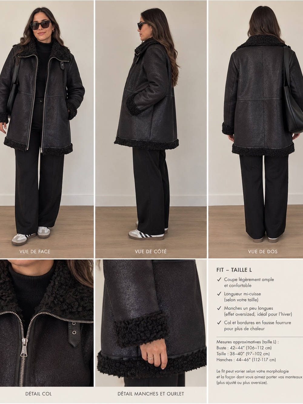 Women's Black Faux Shearling Zip-Front Leather Jacket